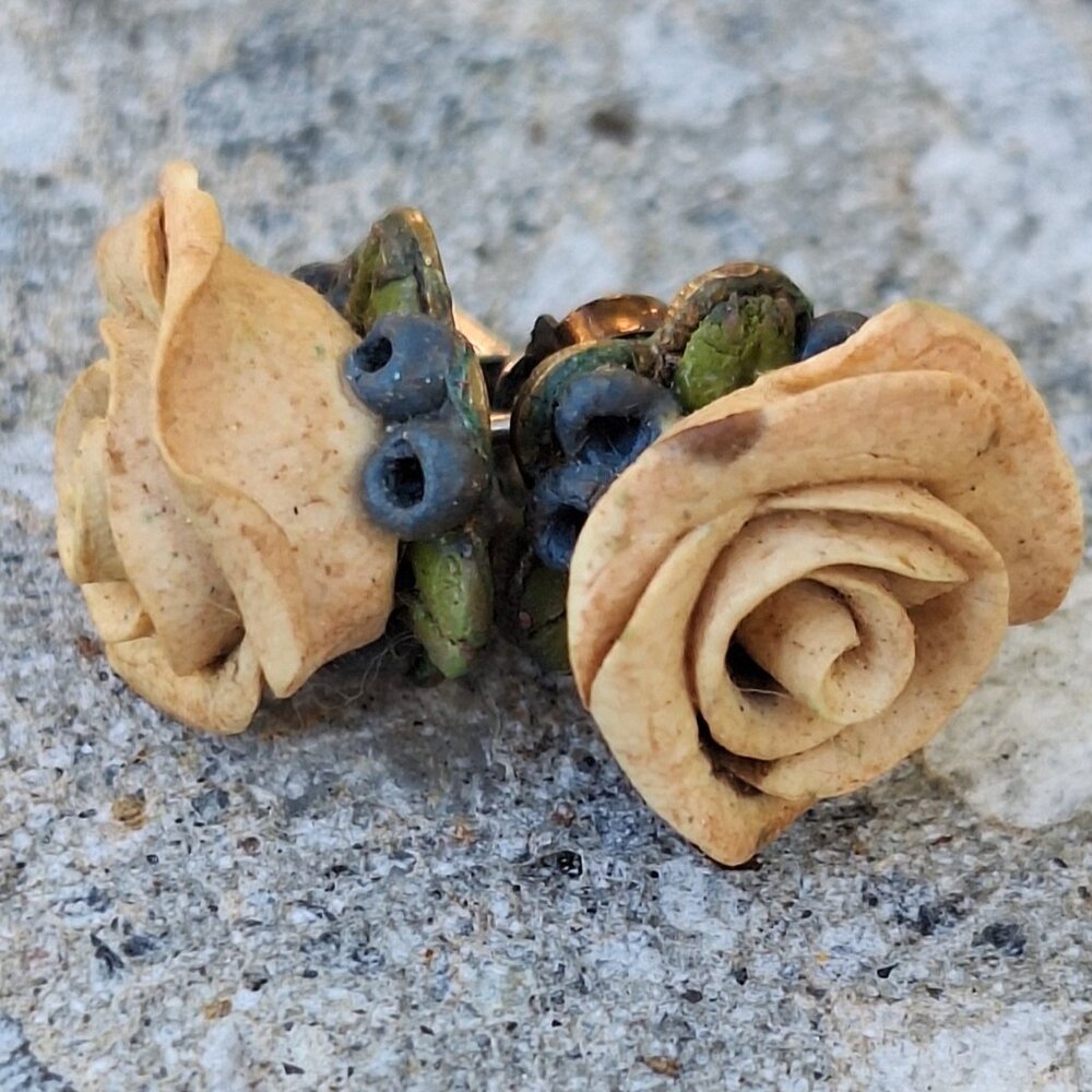 Vintage Handmade Clay Rose and Berries Earrings Studs - Cottage Fairy Nature‎
